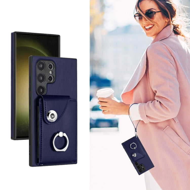For Samsung Galaxy S24 Ultra 5G Organ Card Bag Ring Holder PU Phone Case with Lanyard(Blue) - Galaxy S24 Ultra 5G Cases by PMC TechLife | Online Shopping South Africa | PMC TechLife