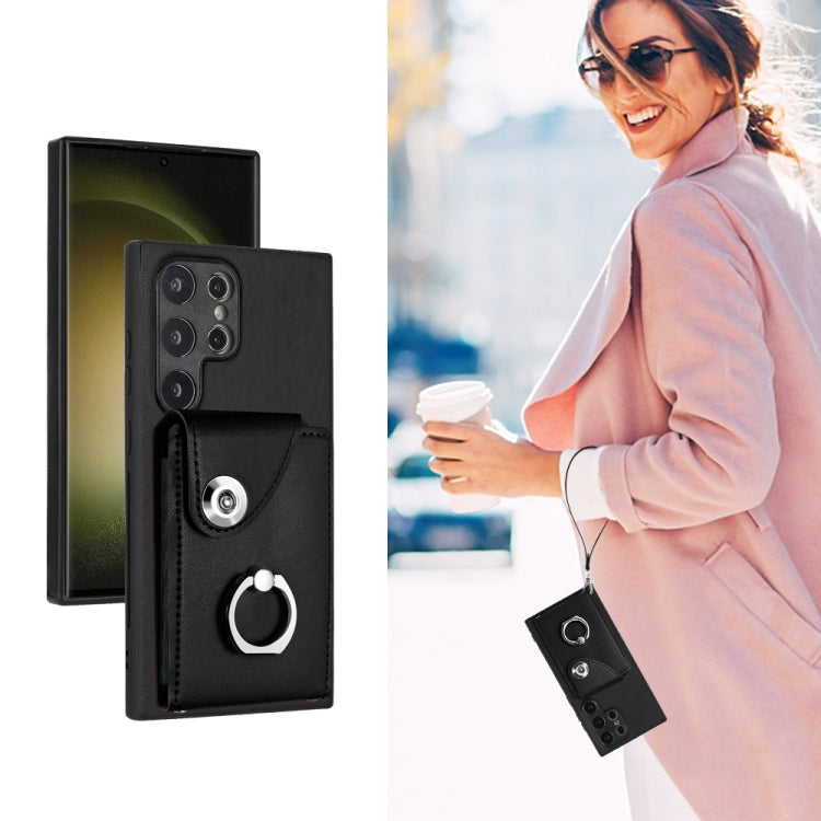 For Samsung Galaxy S24 Ultra 5G Organ Card Bag Ring Holder PU Phone Case with Lanyard(Black) - Galaxy S24 Ultra 5G Cases by PMC TechLife | Online Shopping South Africa | PMC TechLife
