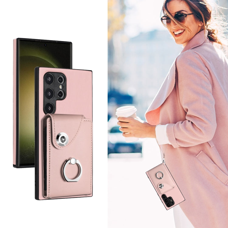 For Samsung Galaxy S24 Ultra 5G Organ Card Bag Ring Holder PU Phone Case with Lanyard(Pink) - Galaxy S24 Ultra 5G Cases by PMC TechLife | Online Shopping South Africa | PMC TechLife