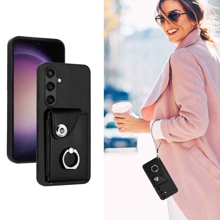 For Samsung Galaxy S24 5G Organ Card Bag Ring Holder PU Phone Case with Lanyard(Black) - Galaxy S24 5G Cases by PMC TechLife | Online Shopping South Africa | PMC TechLife