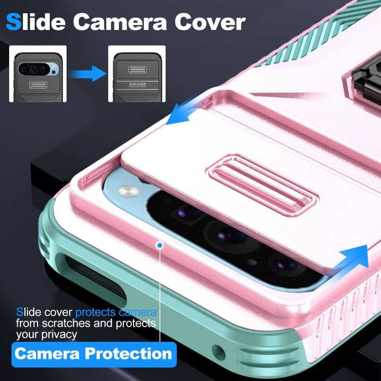 For Google Pixel 9 / Pixel 9 Pro Sliding Camshield Holder Phone Case(Pink + Grey Green) - Google Cases by PMC TechLife | Online Shopping South Africa | PMC TechLife | Buy Now Pay Later Mobicred
