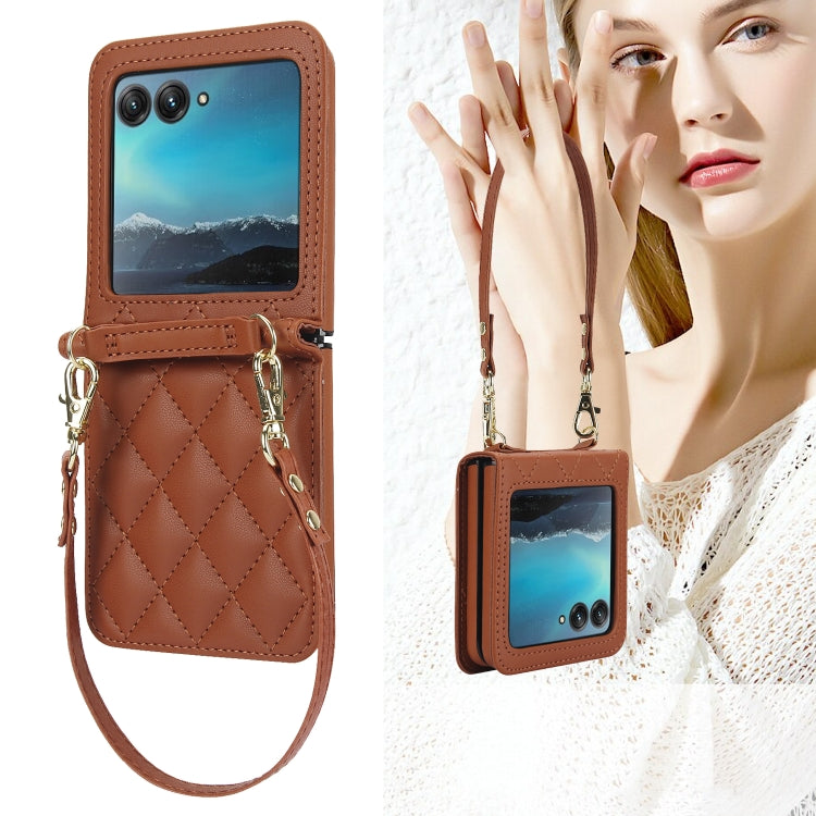 For Motorola Razr 40 Ultra Rhombic Texture Phone Case with Long & Short Lanyard(Brown) - Motorola Cases by PMC TechLife | Online Shopping South Africa | PMC TechLife | Buy Now Pay Later Mobicred