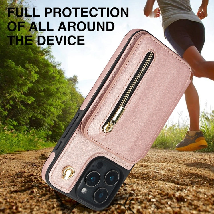 For iPhone 16 Pro Max YM006 Skin Feel Zipper Card Bag Phone Case with Dual Lanyard(Rose Gold) - free shipping - PMC Jewellery - Order now!