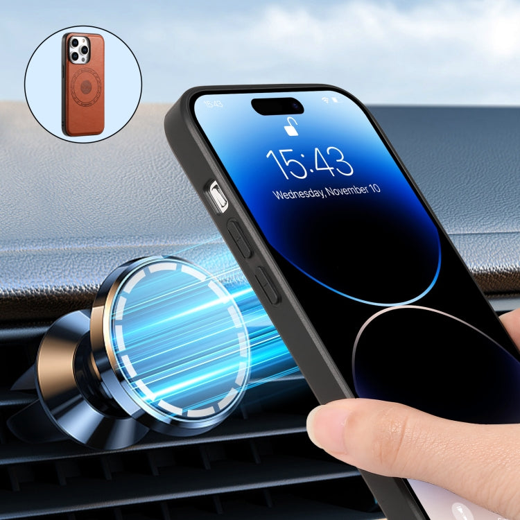 For iPhone 15 Plus Denior Cowhide Texture Leather MagSafe Phone Case(Brown) - iPhone 15 Plus Cases by Denior | Online Shopping South Africa | PMC TechLife | Buy Now Pay Later Mobicred