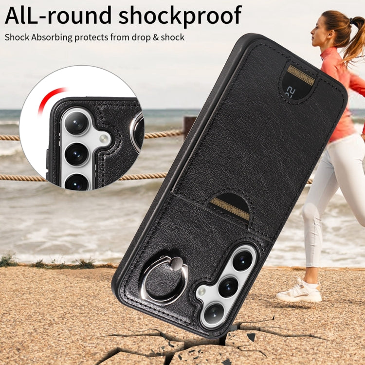For Samsung Galaxy S24+ 5G Calf Texture Card Slot Ring Holder Phone Case(Black) - Galaxy S24+ 5G Cases by PMC TechLife | Online Shopping South Africa | PMC TechLife