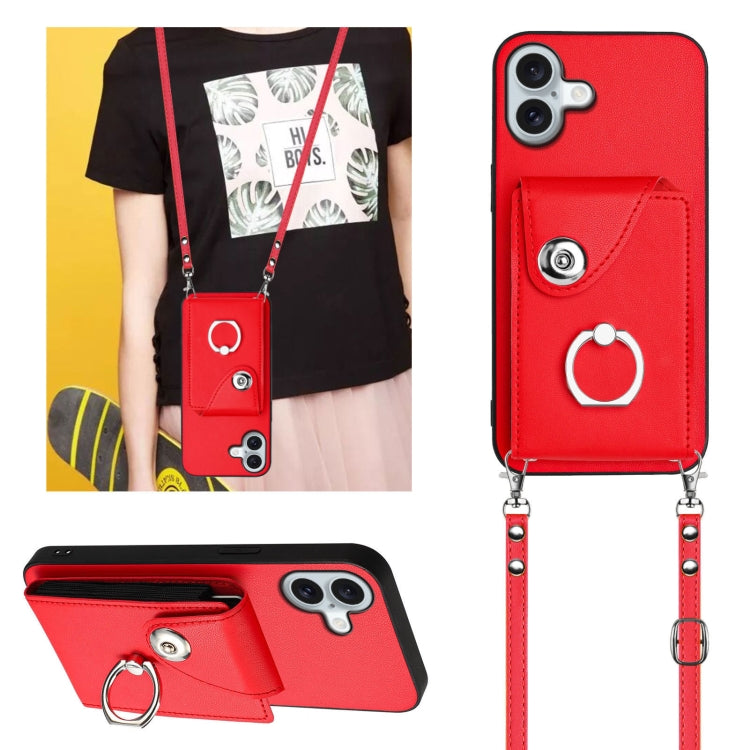 For iPhone 16 Plus Organ Card Bag Ring Holder Phone Case with Long Lanyard(Red) - iPhone 16 Plus Cases by PMC TechLife | Online Shopping South Africa | PMC TechLife | Buy Now Pay Later Mobicred