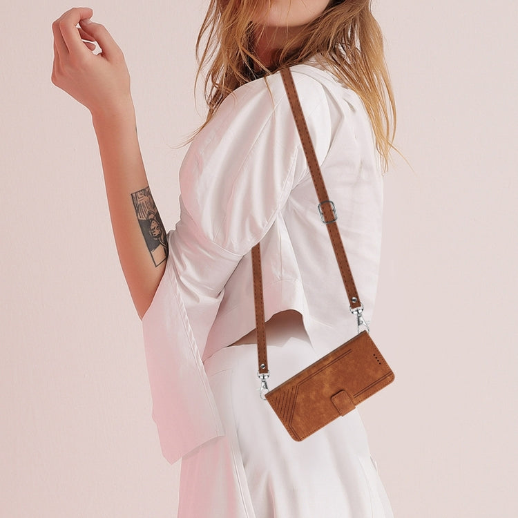 For Motorola Edge 50 Ultra Skin Feel Stripe Pattern Leather Phone Case with Long Lanyard(Brown) - Motorola Cases by PMC TechLife | Online Shopping South Africa | PMC TechLife | Buy Now Pay Later Mobicred