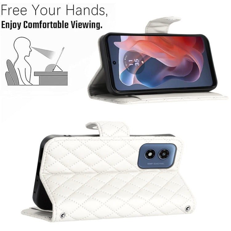 For Motorola Moto G Play 4G 2024 Rhombic Texture Flip Leather Phone Case with Long Lanyard(White) - Motorola Cases by PMC Jewellery | Online Shopping South Africa | PMC Jewellery | Buy Now Pay Later Mobicred