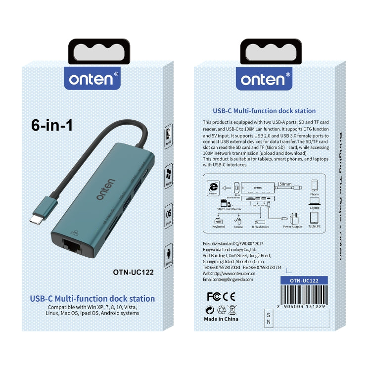 Onten UC122 6 in 1 USB-C / Type-C to SD + TF Card + USB 3.0 HUB with 5V Input & 100Mbps Network Card - free shipping - PMC Jewellery - Order now!