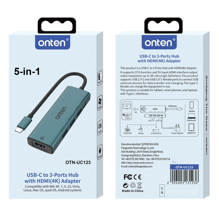 Onten UC123 5 in 1 USB-C / Type-C to HDMI + USB3.0 HUB Docking Station with 5V Input - free shipping - PMC Jewellery - Order now!