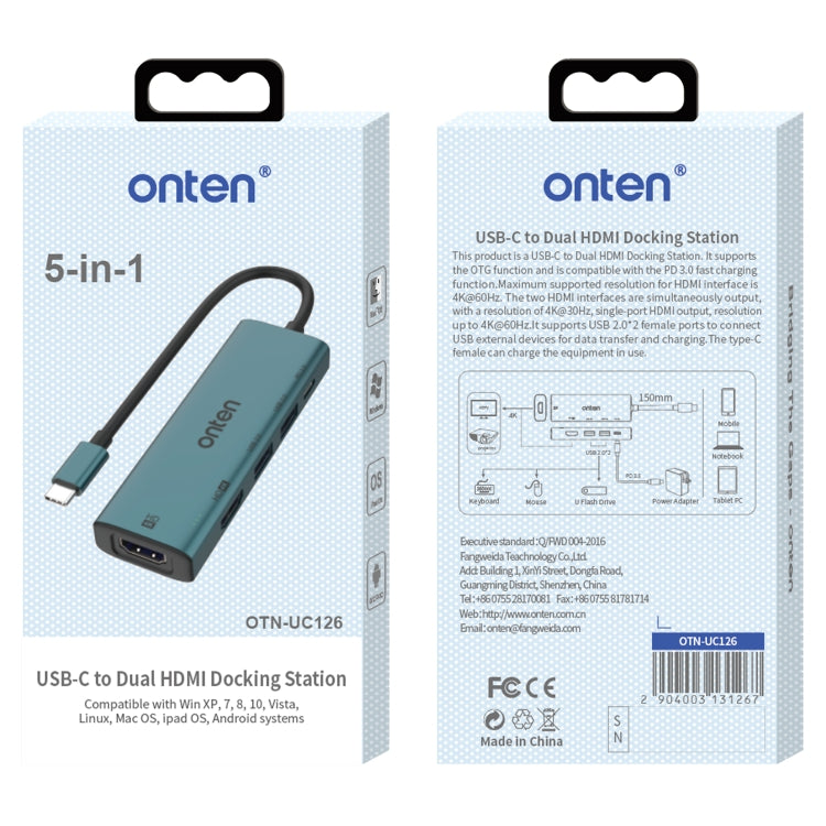 Onten UC126 5 in 1 USB-C / Type-C to Dual HDM I+ USB2.0 + PD3.0 Multi-function HUB Docking Station - free shipping - PMC Jewellery - Order now!