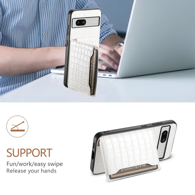 For Google Pixel 7a Crocodile Texture Card Bag Design Full Coverage Phone Case(White) - Google Cases by PMC TechLife | Online Shopping South Africa | PMC TechLife | Buy Now Pay Later Mobicred