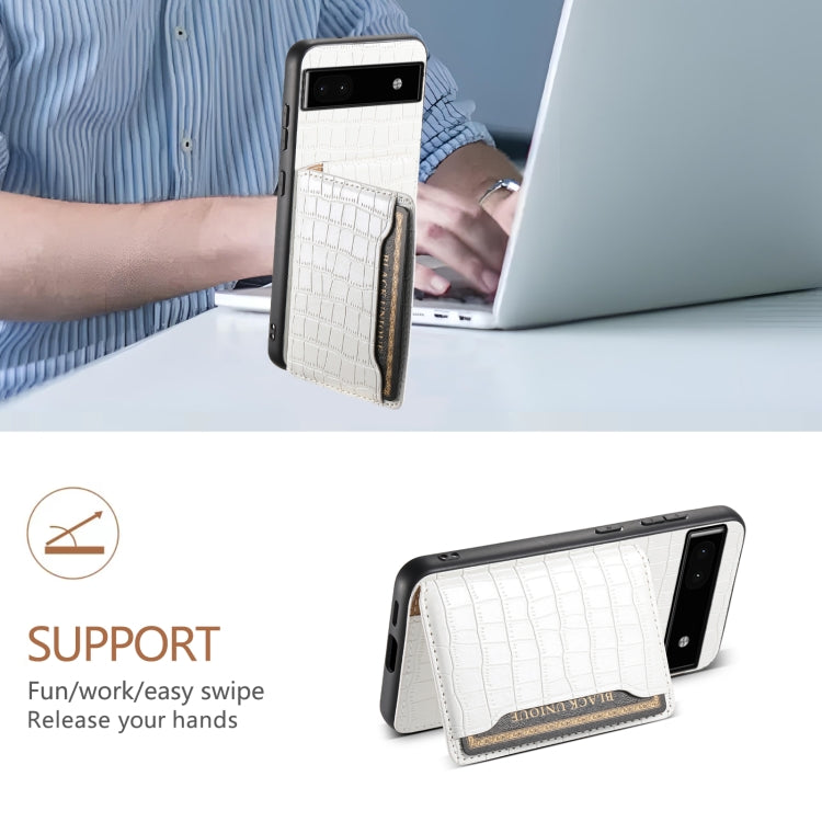 For Google Pixel 6a Crocodile Texture Card Bag Design Full Coverage Phone Case(White) - Google Cases by PMC TechLife | Online Shopping South Africa | PMC TechLife | Buy Now Pay Later Mobicred