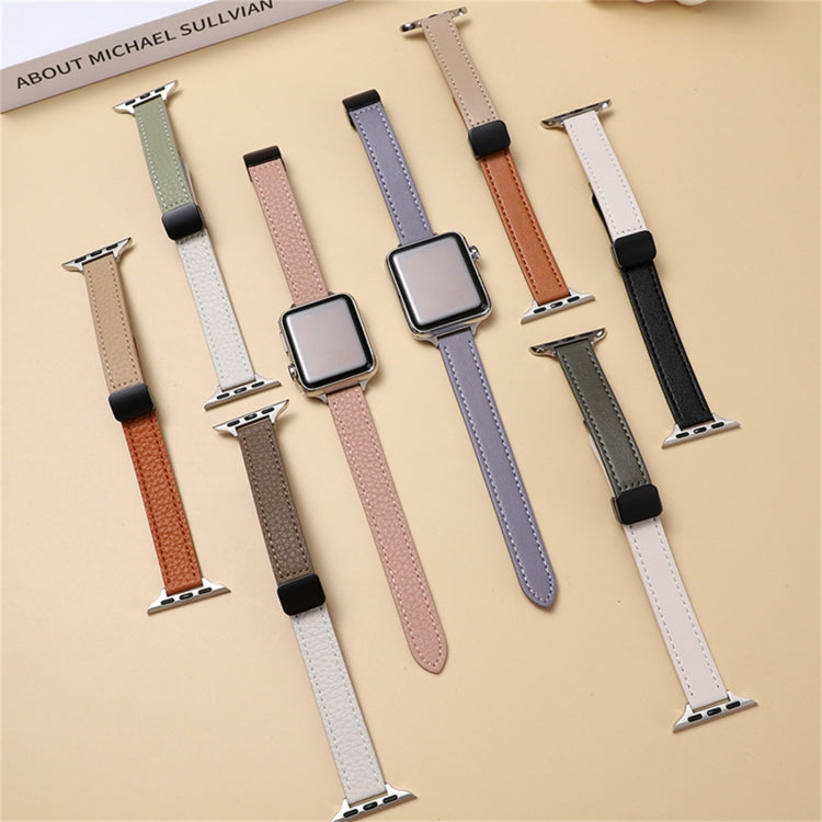 For Apple Watch Series 3 42mm Slim Magnetic Buckle Genuine Leather Watch Band(Plain Black Beige) - Watch Bands by PMC TechLife | Online Shopping South Africa | PMC TechLife