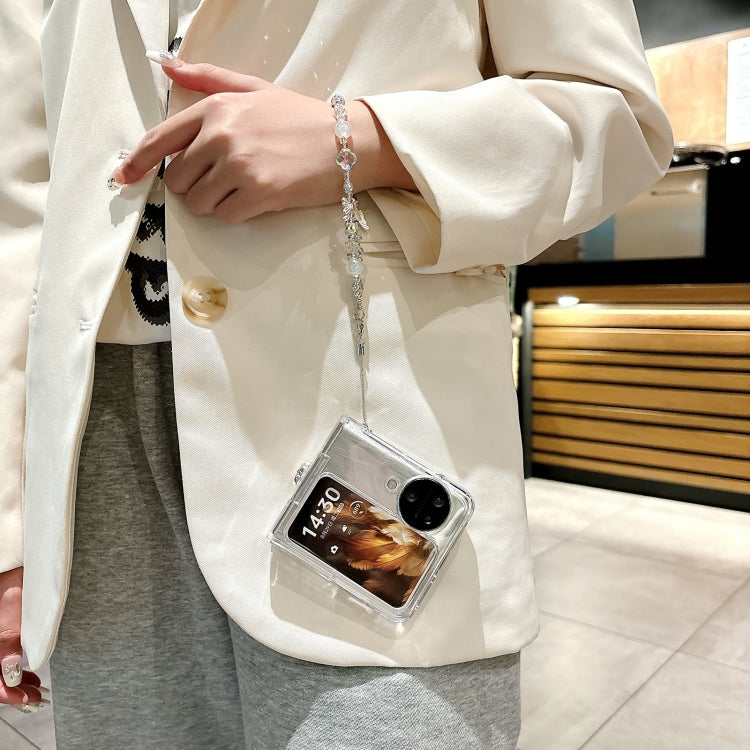 For OPPO Find N3 Flip Skin Feel PC Feather Gauze Glitter Paper Camellia Phone Case with Bracelet(Transparent) - OPPO Cases by PMC TechLife | Online Shopping South Africa | PMC TechLife | Buy Now Pay Later Mobicred