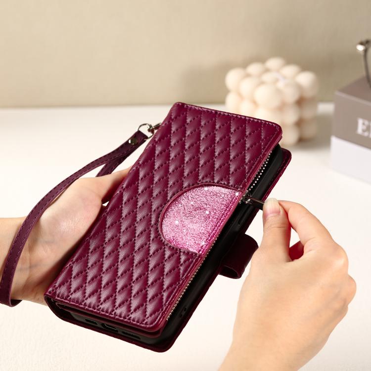 For iPhone 16e Glitter Lattice Zipper Wallet Leather Phone Case(Wine Red) - iPhone 16e Cases by PMC TechLife | Online Shopping South Africa | PMC TechLife | Buy Now Pay Later Mobicred