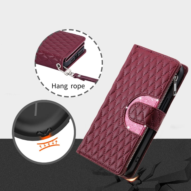 For Google Pixel 8 Pro Glitter Lattice Zipper Wallet Leather Phone Case(Wine Red) - Google Cases by PMC TechLife | Online Shopping South Africa | PMC TechLife | Buy Now Pay Later Mobicred