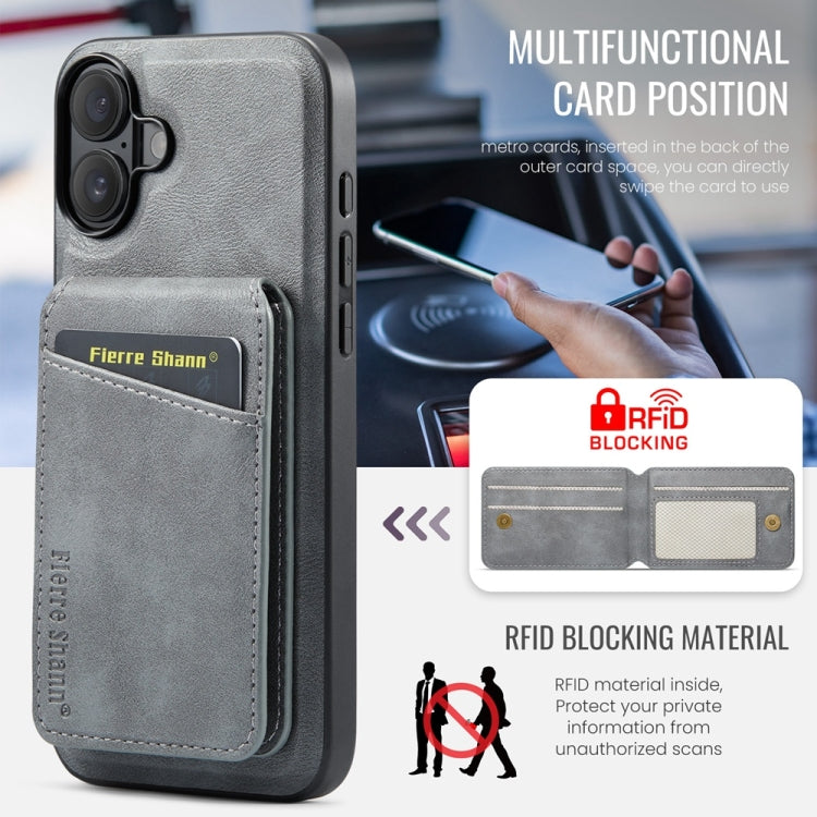 For iPhone 16 Plus Fierre Shann Cowhide Vertical Flip Magnetic Card Holder Phone Case(Grey) - free shipping - PMC Jewellery - Order now!