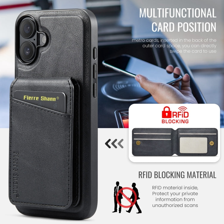 For iPhone 16 Fierre Shann Cowhide Vertical Flip Magnetic Card Holder Phone Case(Black) - iPhone 16 Cases by FIERRE SHANN | Online Shopping South Africa | PMC Jewellery | Buy Now Pay Later Mobicred