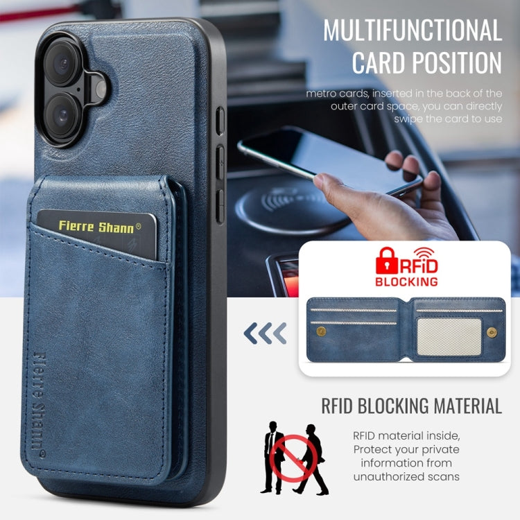 For iPhone 16 Fierre Shann Cowhide Vertical Flip Magnetic Card Holder Phone Case(Blue) - iPhone 16 Cases by FIERRE SHANN | Online Shopping South Africa | PMC Jewellery | Buy Now Pay Later Mobicred