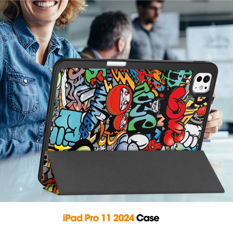 For iPad Pro 11 2024 Custer Painted 3-Fold Holder Smart Leather Tablet Case with Pen Tray(Graffiti) - iPad Pro 11 2024 Cases by PMC TechLife | Online Shopping South Africa | PMC TechLife | Buy Now Pay Later Mobicred