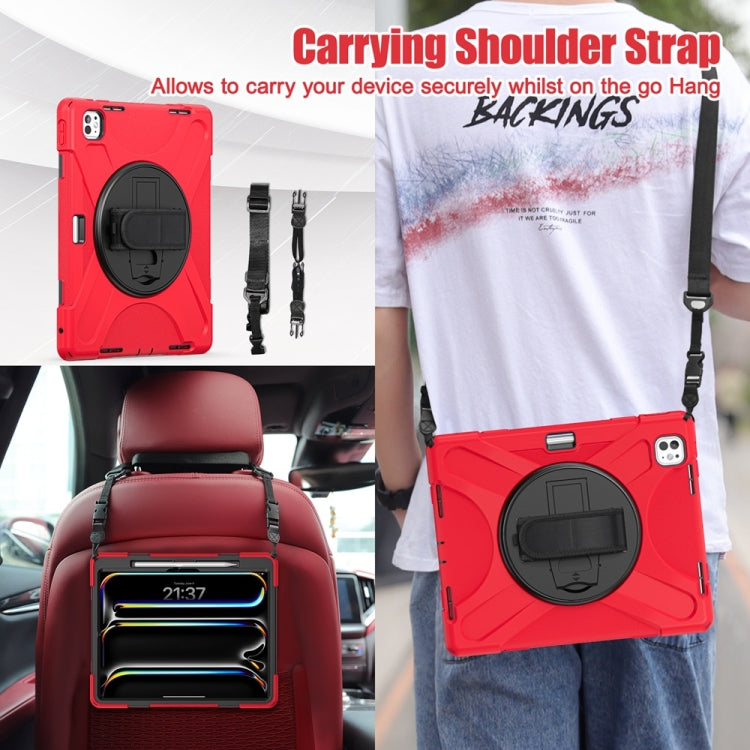 For iPad Pro 13 2024 Rotatable Holder Silicone Hybrid PC Tablet Case with Shoulder Strap(Red) - free shipping - PMC TechLife - Order now!