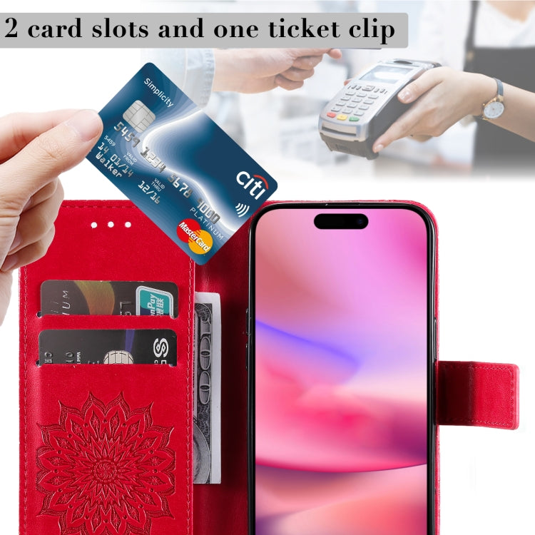 For iPhone 16 Embossed Sunflower Pattern Flip Leather Phone Case(Red) - iPhone 16 Cases by PMC TechLife | Online Shopping South Africa | PMC TechLife | Buy Now Pay Later Mobicred