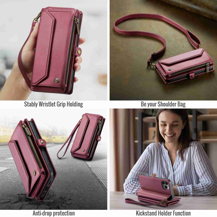 For iPhone 12 Pro CaseMe C36 Card Slots Zipper Wallet RFID Anti-theft Leather Phone Case(Wine Red) - free shipping - PMC Jewellery - Order now!