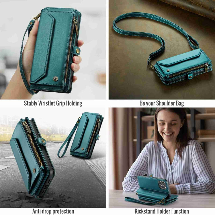 For iPhone 13 Pro CaseMe C36 Card Slots Zipper Wallet RFID Anti-theft Leather Phone Case(Blue-green) - free shipping - PMC Jewellery - Order now!