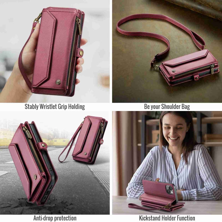 For iPhone 15 Plus CaseMe C36 Card Slots Zipper Wallet RFID Anti-theft Leather Phone Case(Wine Red) - free shipping - PMC Jewellery - Order now!