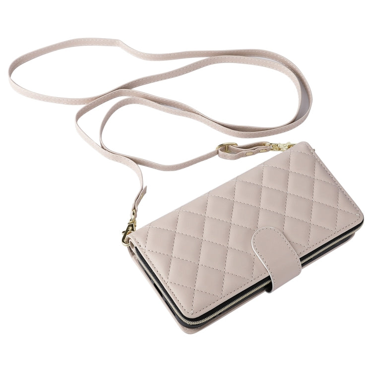 For iPhone 16 Pro Max Crossbody Rhombic Zipper Tower Buckle Leather Phone Case with Lanyard(Beige) - iPhone 16 Pro Max Cases by PMC TechLife | Online Shopping South Africa | PMC TechLife | Buy Now Pay Later Mobicred