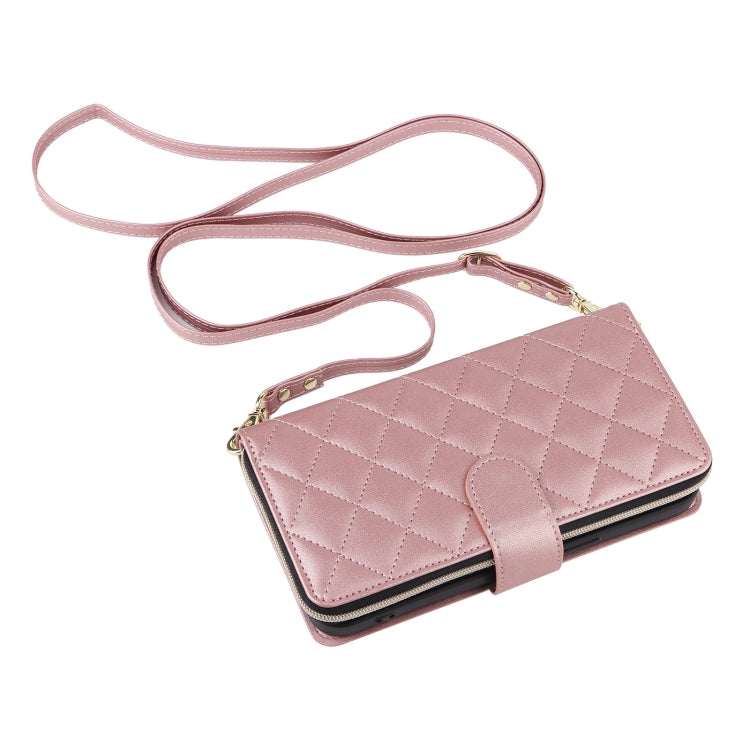 For iPhone 16 Pro Max Crossbody Rhombic Zipper Tower Buckle Leather Phone Case with Lanyard(Rose Gold) - iPhone 16 Pro Max Cases by PMC TechLife | Online Shopping South Africa | PMC TechLife | Buy Now Pay Later Mobicred