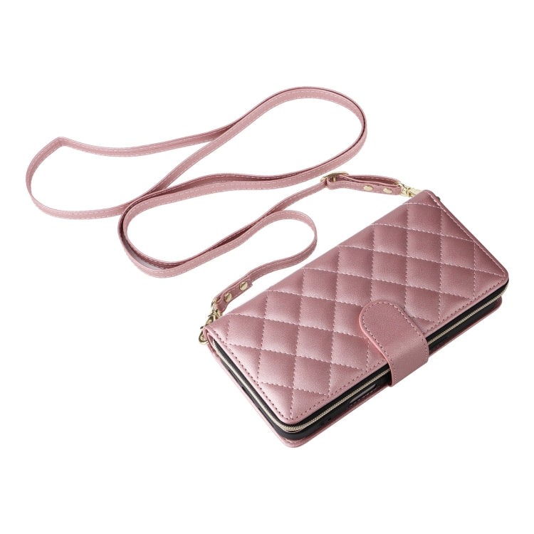 For iPhone 16 Plus Crossbody Rhombic Zipper Tower Buckle Leather Phone Case with Lanyard(Rose Gold) - free shipping - PMC TechLife - Order now!