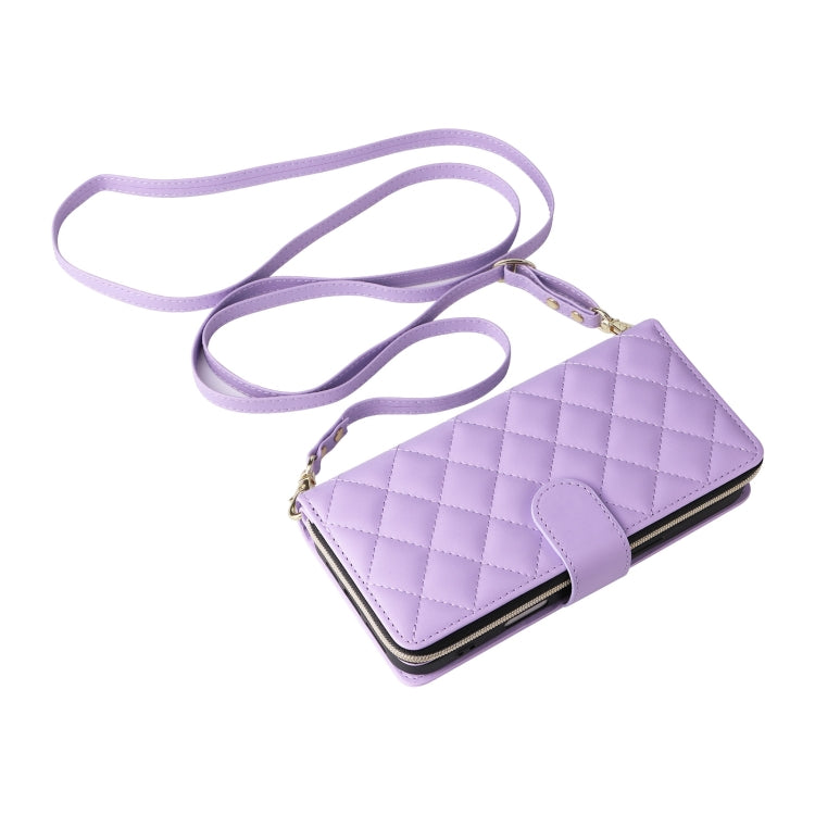 For iPhone 16 Crossbody Rhombic Zipper Tower Buckle Leather Phone Case with Lanyard(Purple) - iPhone 16 Cases by PMC TechLife | Online Shopping South Africa | PMC TechLife | Buy Now Pay Later Mobicred