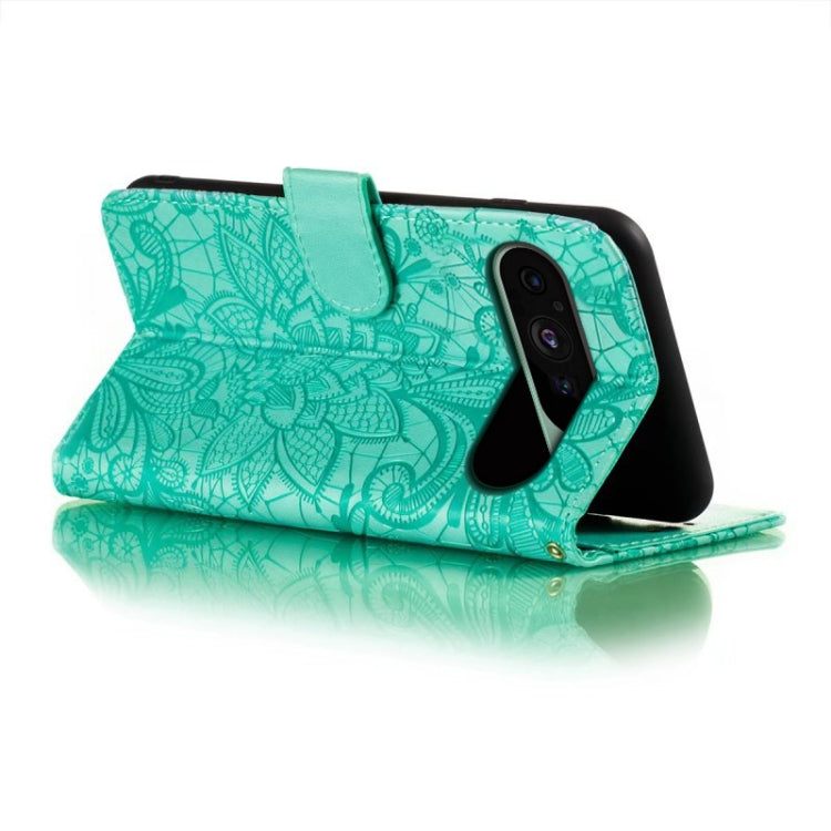 For Google Pixel 9 Lace Flower Embossing Flip Leather Phone Case(Green) - Google Cases by PMC TechLife | Online Shopping South Africa | PMC TechLife | Buy Now Pay Later Mobicred