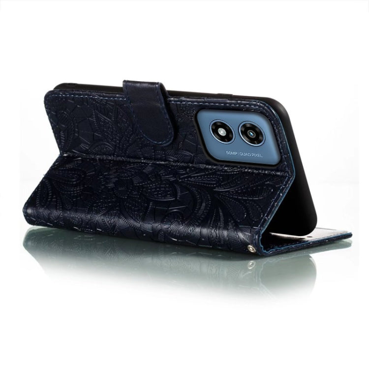 For Motorola Moto G Play 2024 Lace Flower Embossing Flip Leather Phone Case(Dark Blue) - Motorola Cases by PMC Jewellery | Online Shopping South Africa | PMC Jewellery | Buy Now Pay Later Mobicred