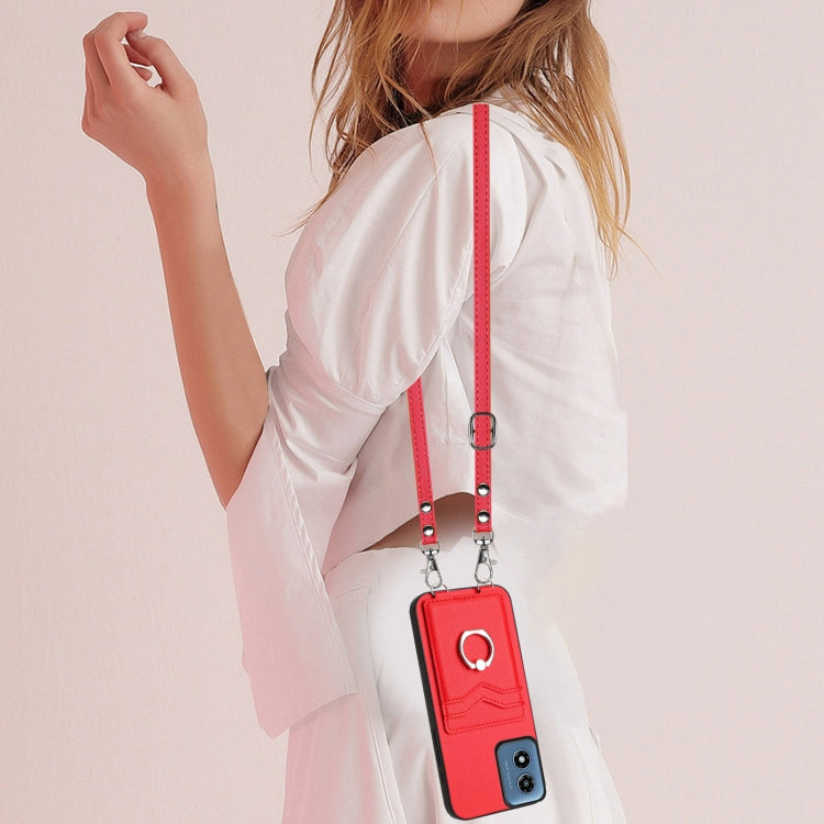 For Motorola Moto G Play 2024 4G R20 Crossbody Rope Ring Card Holder Phone Case(Red) - Motorola Cases by PMC Jewellery | Online Shopping South Africa | PMC Jewellery | Buy Now Pay Later Mobicred