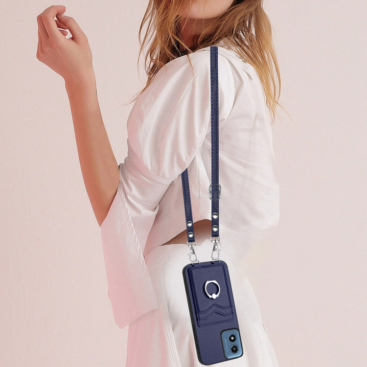 For Motorola Moto G Play 2024 4G R20 Crossbody Rope Ring Card Holder Phone Case(Blue) - Motorola Cases by PMC Jewellery | Online Shopping South Africa | PMC Jewellery | Buy Now Pay Later Mobicred