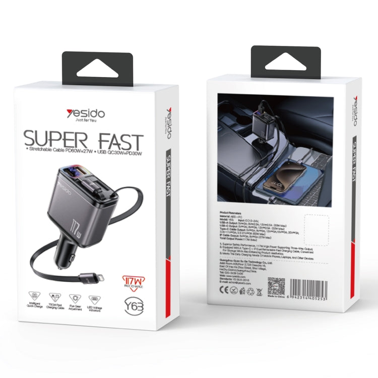 Yesido Y63 4 in 1 117W USB-C / Type-C+USB Multifunctional Retractable Dual Line Digital Display Car Fast Charger(Black) - free shipping - PMC TechLife - Order now!