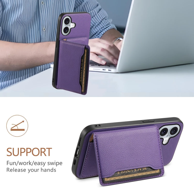 For iPhone 16 Calf Texture Card Bag Design Full Coverage Phone Case(Purple) - iPhone 16 Cases by PMC TechLife | Online Shopping South Africa | PMC TechLife | Buy Now Pay Later Mobicred