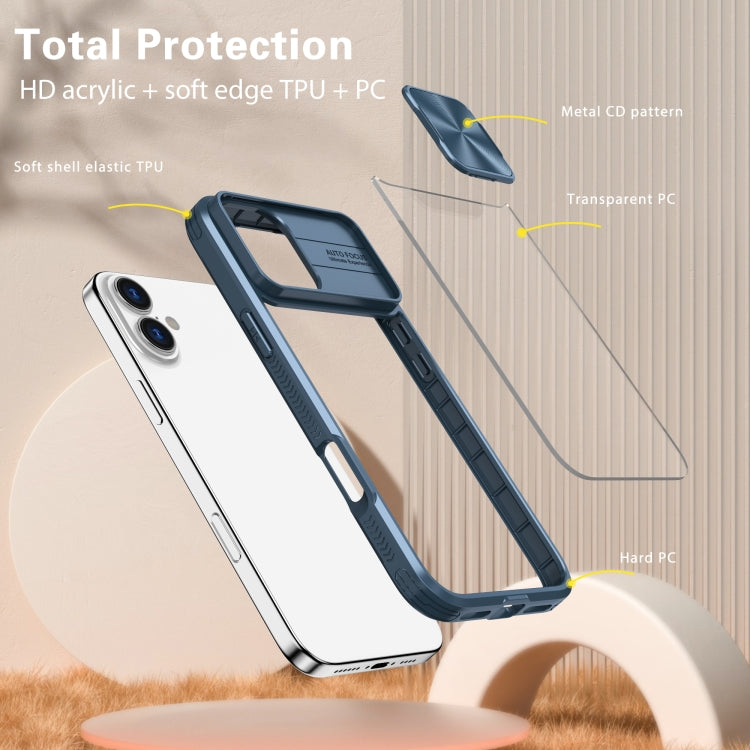 For iPhone 16 Sliding Camshield Acrylic Hybrid TPU Phone Case(Navy Blue) - free shipping - PMC TechLife - Order now!