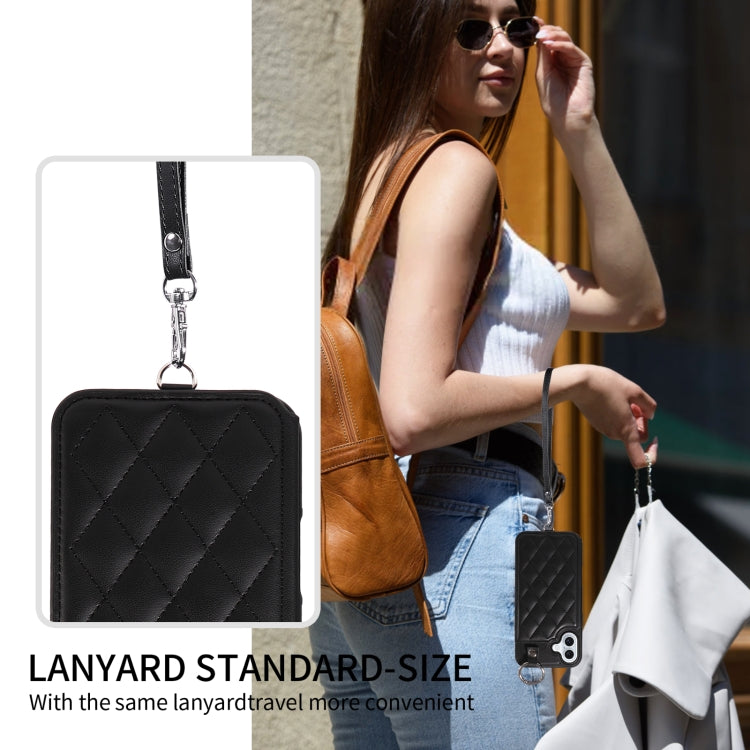 For iPhone 16 Plus Rhombic Texture Card Bag Phone Case with Short Lanyard(Black) - free shipping - PMC Jewellery - Order now!