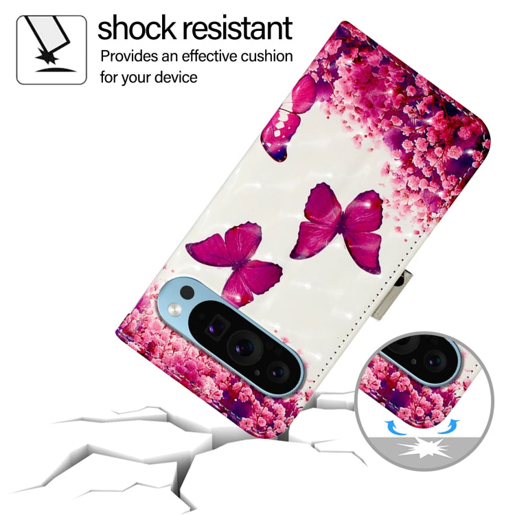 For Google Pixel 9 3D Painting Horizontal Flip Leather Phone Case(Rose Butterfly) - Google Cases by PMC TechLife | Online Shopping South Africa | PMC TechLife | Buy Now Pay Later Mobicred