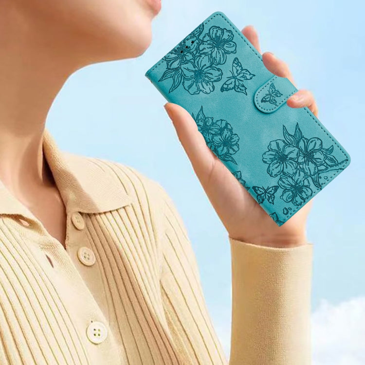 For Samsung Galaxy S25 5G Cherry Blossom Butterfly Skin Feel Embossed PU Phone Case(Green) - Galaxy S25 5G Cases by PMC Jewellery | Online Shopping South Africa | PMC Jewellery | Buy Now Pay Later Mobicred