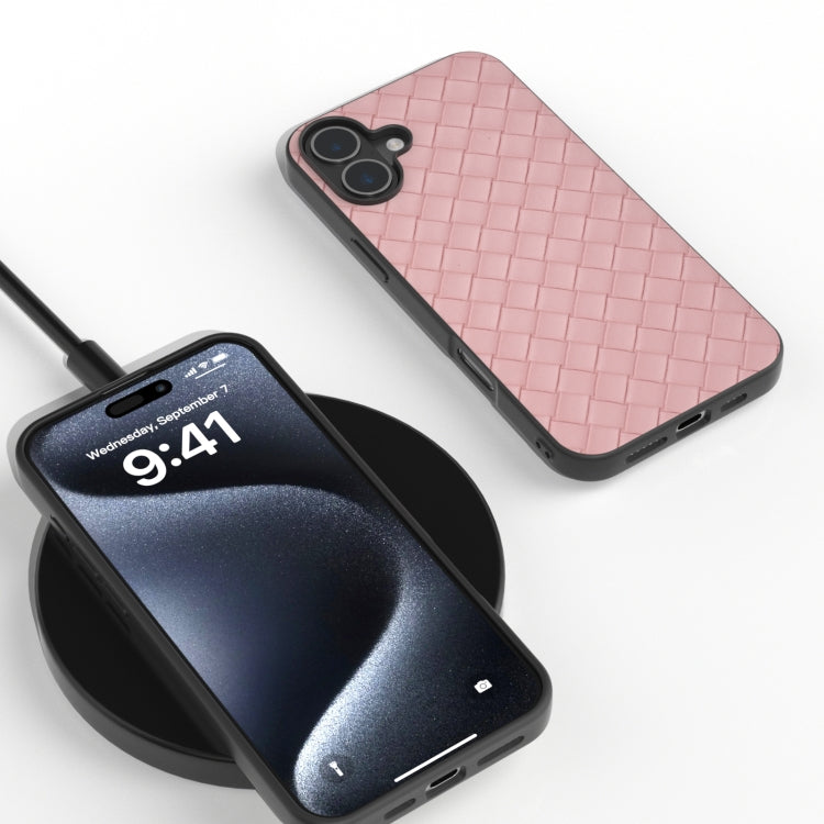 For iPhone 16 Black Frame Woven Texture PU Phone Case(Pink) - iPhone 16 Cases by PMC TechLife | Online Shopping South Africa | PMC TechLife | Buy Now Pay Later Mobicred