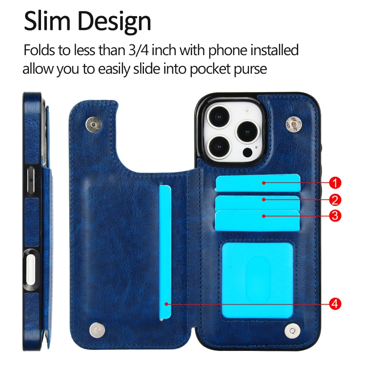 For iPhone 16 Pro Double Buckle Crazy Horse Texture PU Phone Case(Blue) - iPhone 16 Pro Cases by PMC TechLife | Online Shopping South Africa | PMC TechLife | Buy Now Pay Later Mobicred