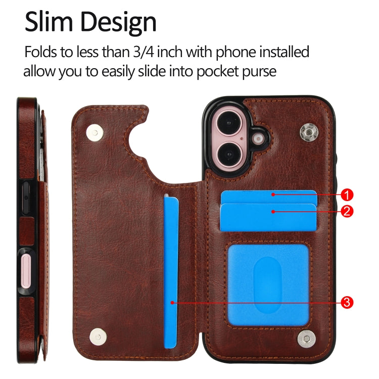 For iPhone 16 Plus Double Buckle Crazy Horse Texture PU Phone Case(Brown) - iPhone 16 Plus Cases by PMC TechLife | Online Shopping South Africa | PMC TechLife | Buy Now Pay Later Mobicred