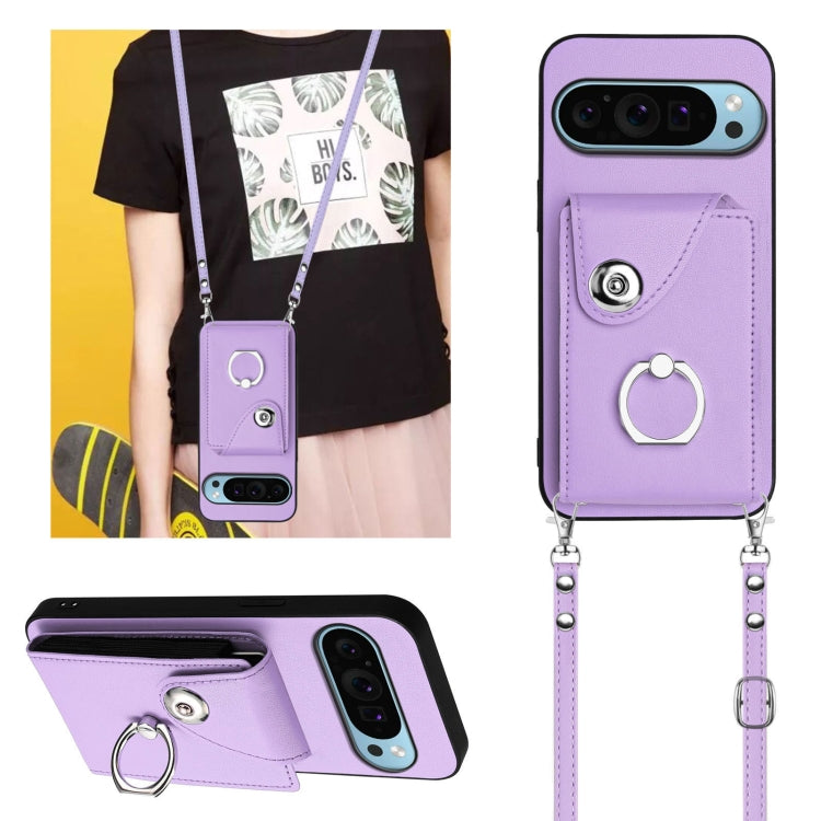 For Google Pixel 9 / 9 Pro Organ Card Bag Ring Holder Phone Case with Long Lanyard(Purple) - Google Cases by PMC TechLife | Online Shopping South Africa | PMC TechLife | Buy Now Pay Later Mobicred