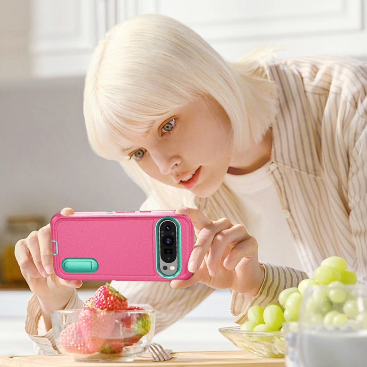 For Google Pixel 9 Pro Rugged PC + Silicone Phone Case with Holder(Rose Red+Light Green) - Google Cases by PMC TechLife | Online Shopping South Africa | PMC TechLife | Buy Now Pay Later Mobicred