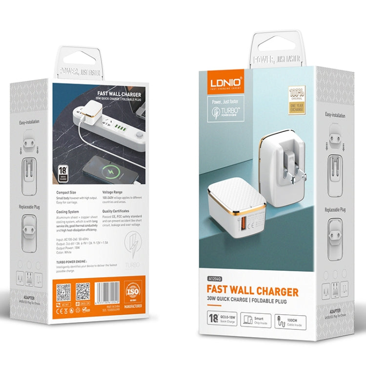 LDNIO A1204Q QC3.0 18W USB Fast Charger with 1m USB to 8 Pin Cable, Plug Type:EU Plug(White Gold) - free shipping - PMC Jewellery - Order now!
